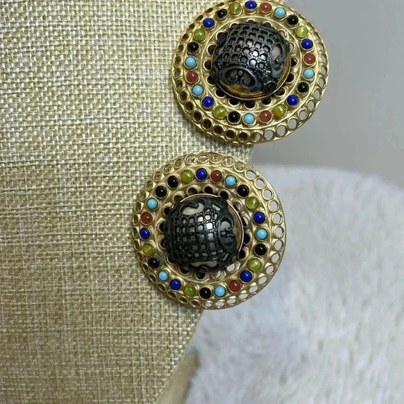 Vintage Statement Earrings / Shoe  Accents Gold Tone & Multicoloured - Picture 2 of 8